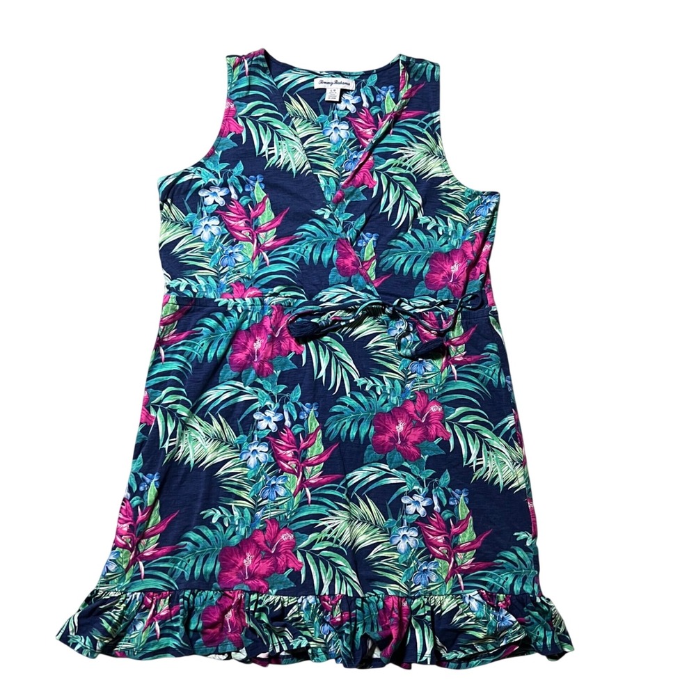 Tommy Bahama Womens Tropical Floral Ruffle Hem Dress Blue Pink SW620714 L